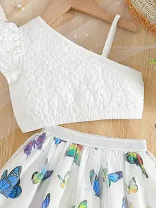 INCLUD Girls Self Design One Shoulder Crop Top with Skirt