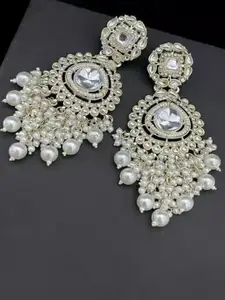 Anouk Gold-Plated Artificial Stones Studded And Beaded Contemporary Drop Earrings