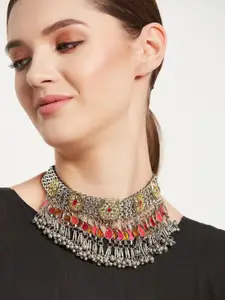 Anouk Sangria German Silver-Plated Multicolour Stone-Studded Fusion Afghani Necklace