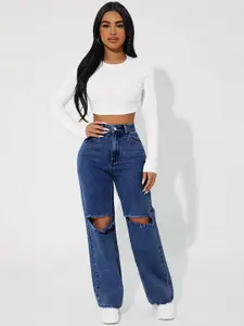 AAHWAN Women Straight Fit High-Rise Slash Knee Jeans