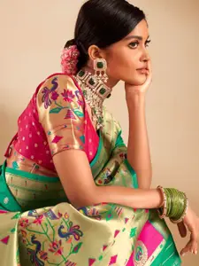 DEVATITHI Ethnic Motifs Woven Design Zari Sea Green Soft Paithani Saree