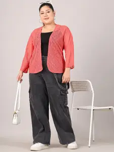 Moonaa Fashion Geometric Self Design Mandarin Collar Cotton Shrug