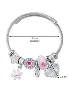 Bling Queen Silver-Plated Crystal-Studded Adjustable Bracelet With Charms