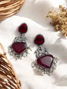 Sangria Silver-Plated Artificial Stones Studded and Beads Beadded Oxidised Drop Earrings