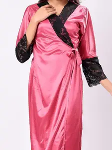 NIGHT KEYS Self Design Robe With Bra & Thong Brief