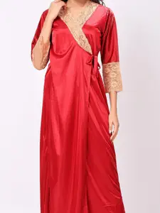 NIGHT KEYS Self Design Robe With Bra & Thong Brief