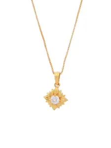 DIVASTRI Stainless Steel Gold-Plated American Diamond Studded Floral Pendant With Chain