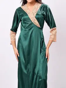 NIGHT KEYS Self Design Robe With Bra & Thong Brief