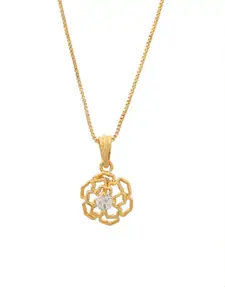 DIVASTRI Stainless Steel Gold-Plated American Diamond Studded Floral Pendant With Chain