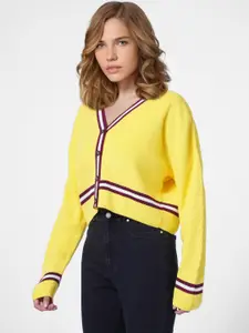 ONLY Women Yellow & White Crop Cardigan Sweater