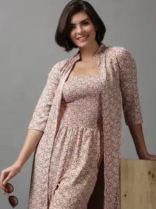 SHOWOFF Women Peach & Green Floral Printed Basic Jumpsuit With Shrug
