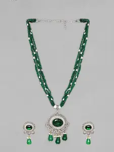Rubans Rhodium Plated Emerald Green & Cubic Zirconia MultiStrand Green Beaded Necklace Set