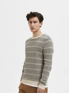 SELECTED Men slhsnow ls knit crew neck w Cream-Coloured & Black Cable Knit Cotton Pullover