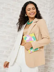 Styli Women Beige & White Colorblock Longline Blazer with Flap Detail