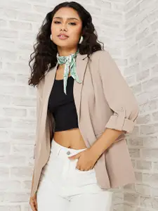 Styli Women Beige Solid Roll-Up Sleeves Open Front Regular Fit Longline Blazer