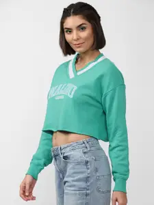 FOREVER 21 Women Blue Typography Printed Pure Cotton Sweatshirt