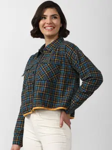 FOREVER 21 Women Blue Tartan Checks Checked Cotton Casual Shirt