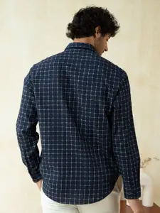 Andamen Men Navy Blue Classic Slim Fit Grid Tattersall Checks Checked Casual Shirt