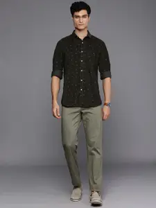 Louis Philippe Sport Men Olive Green Floral Printed Pure Cotton Slim Fit Casual Shirt