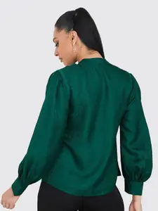 Styli Green Jacquard Half Button Stand Collar Long Sleeve Regular Fit Blouse