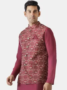 KISAH Men Maroon Printed Woven Nehru Jacket