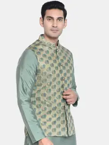 KISAH Men Gold-Toned & Green Printed Woven  Nehru Jackets