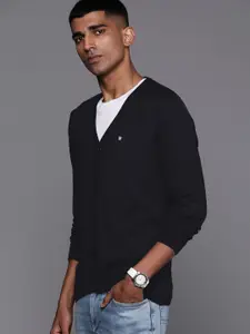 Louis Philippe Men Navy Blue Solid Cardigan