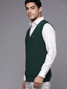 Louis Philippe Men Green Self-Striped Cardigan