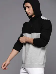 Allen Solly Men Black & Grey Colourblocked Hooded Sweatshirt