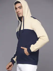 Allen Solly Men Navy Blue & Cream-Coloured Colourblocked Hooded Sweatshirt