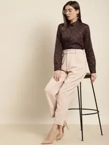 Hancock Women Burgundy Geometrical Printed Pure Cotton Satin Regular Fit Formal Shirt