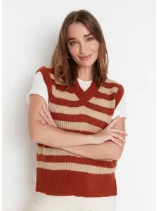 Trendyol Women Brown & Beige Striped Sweater Vest