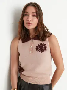 Trendyol Women Peach-Coloured & Brown Floral Sweater Vest