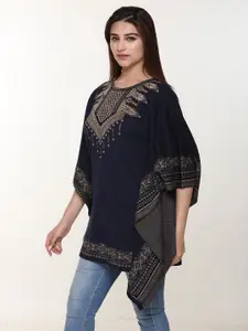 KEIKO Women Navy Blue & Beige Printed Waterfall Shrug