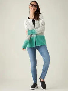 Modeve Women Off White & Sea Green Front-Open Sweater