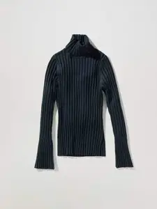 MANGO Women Navy Blue Self-Striped Rolled Neck Pullover