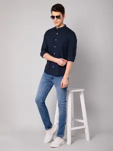 Cantabil Men Navy Blue Band Collar Casual Shirt