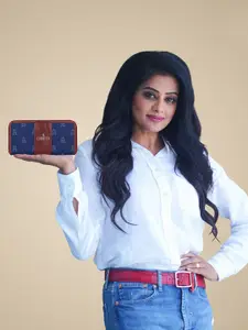 THE CLOWNFISH Aria Women Navy Blue & Brown Floral Zip Around Wallet