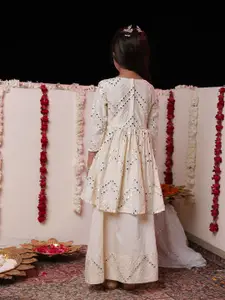 VASTRAMAY Girls Cream-Coloured Embroidered Mirror Work Ready to Wear Lehenga Set