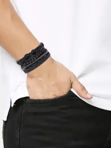 OOMPH Men Set Of 4 Black Leather Multistrand Bracelet