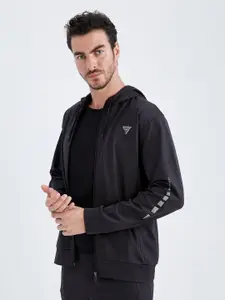 DeFacto Men Black Hooded Long Sleeves Open Front Jacket