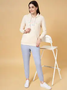 Honey by Pantaloons Women Beige Cotton Printed Hooded Sweatshirt