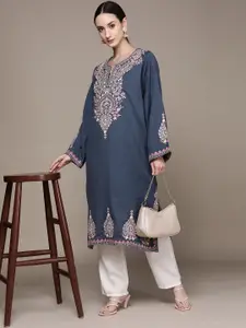 Ritu Kumar Women Floral Embroidered Flared Sleeves Mirror Work Woollen Kurta With Slip