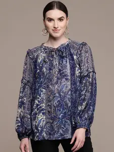 Ritu Kumar Navy Blue Floral Printed Pure Cotton Kurti