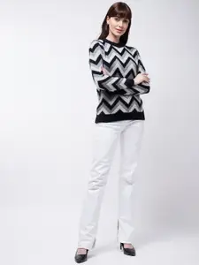 Modeve Women Black & Grey Printed Pullover with Fuzzy Detail