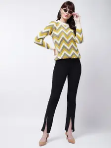 Modeve Women Mustard Yellow & Off White Chevron Printed Pullover