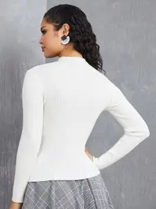 Styli Women White High Neck Ribbed Regular Length Fitted Sweater