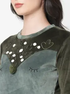 SDL by Sweet Dreams Women Green & Grey Self Design Applique Fleece Sweatshirt