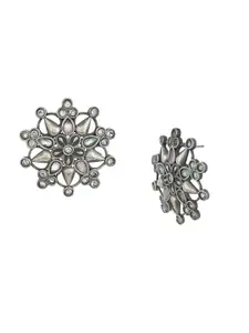 Voylla Silver-Plated Floral Oxidised Studs Earrings