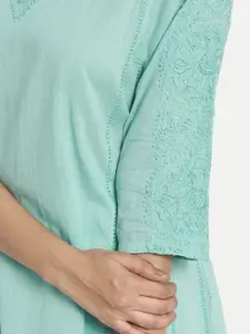 Fabindia Women Sea Green Embroidered Cotton A-Line Kurta